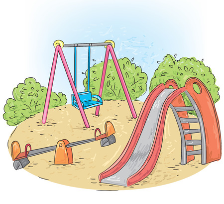 A children's playground with swings and sand.のイラスト素材
