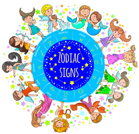 Color banner with kids depicting the zodiac signs.のイラスト素材