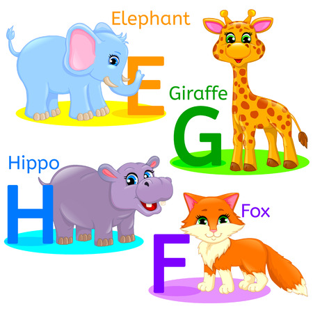 EFGH alphabet wildlife: elephant, giraffe, hippopotamus, fox.のイラスト素材