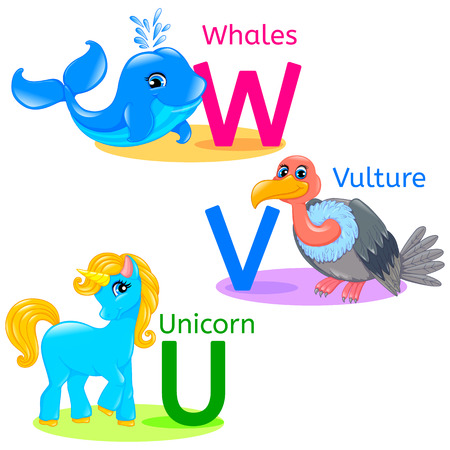 WVU alphabet wildlife: whale, vulture, unicorn.のイラスト素材