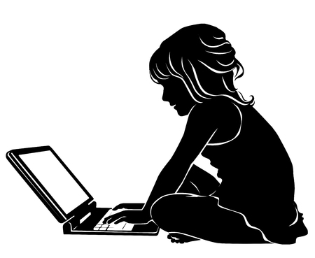 Silhouette little girl working on laptopのイラスト素材