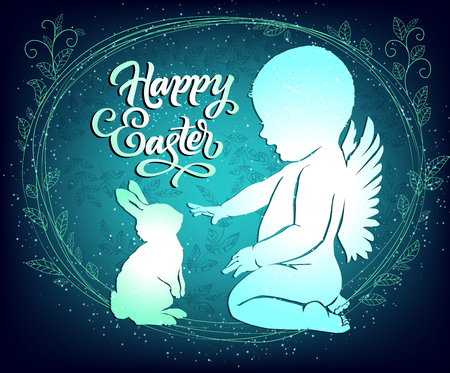 Easter card with angel and bunny silhouette.のイラスト素材