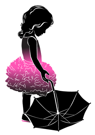 Silhouette little girl in pink dress with umbrella.のイラスト素材