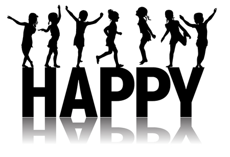 Black and white silhouettes letters happy and children.のイラスト素材
