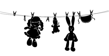Silhouette toys drying on rope after washing.のイラスト素材