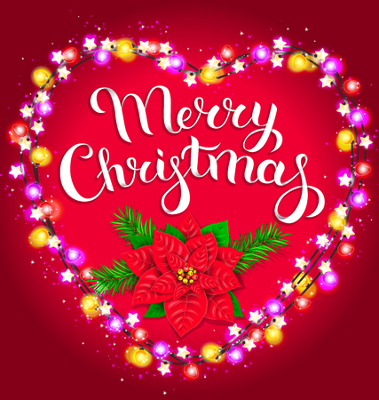Christmas bright composition with luminous garland poinsettia and spruceのイラスト素材