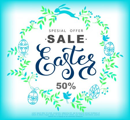 Easter sale banner with wreath made of blue leaves and easter bunny.のイラスト素材
