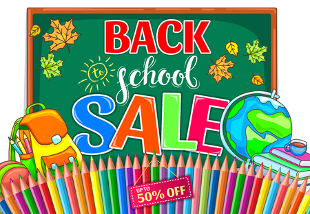 Bright back to school sale illustration with school board and color pencilsのイラスト素材