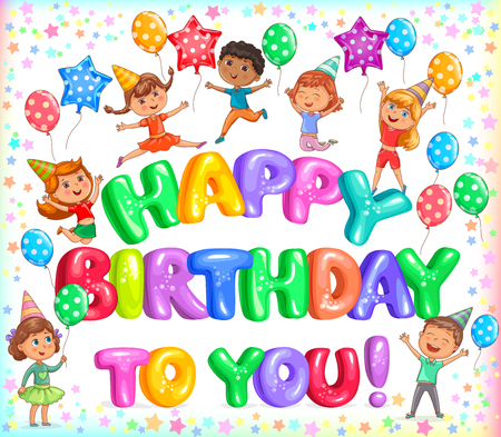 Bright yappy birthday to you colorful letteers and cute kidsのイラスト素材