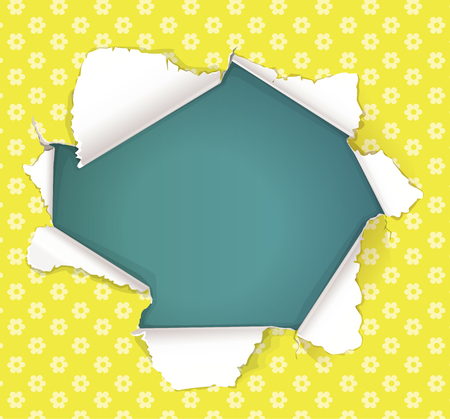 Broken hole in yellow paper in flowers place for advertisement.のイラスト素材