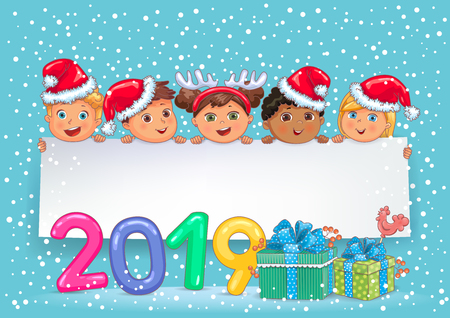 New Year banner 2019 with cute kids and gift.のイラスト素材