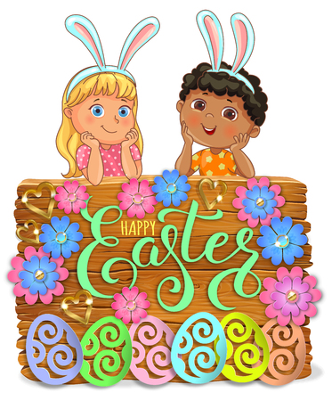 Easter bright wooden banner design paper flowers with lace and kids.のイラスト素材