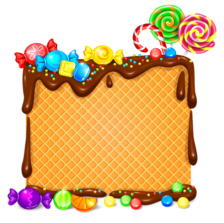 Waffles in chocolate and lot of bright lollipops and candy banner. Vector illustrationのイラスト素材