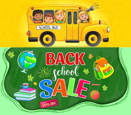 Back to school promotion poster with school bus.のイラスト素材