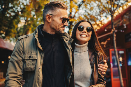 Autumn walk. Couple. Love. Man and woman in warm casual clothes are hugging and smiling while walking in the parkの写真素材