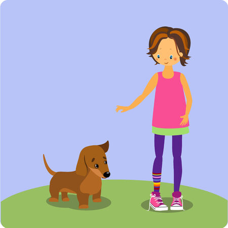 Girl with dachshund puppy on the green lawn のイラスト素材