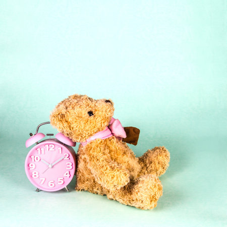 retro and vintage style of the Old fashioned alarm clock and cute brown bear doll