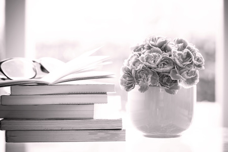 the fresh pink carnation flower with books backgroundの写真素材