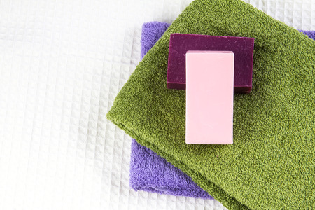 the natural soap bar on bath towelの写真素材