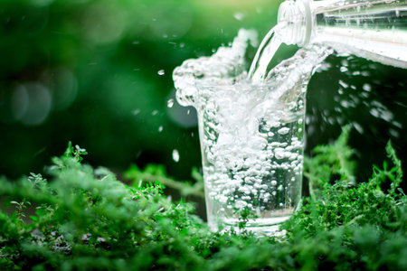 The glass of cool fresh water on natural green backgroundの写真素材