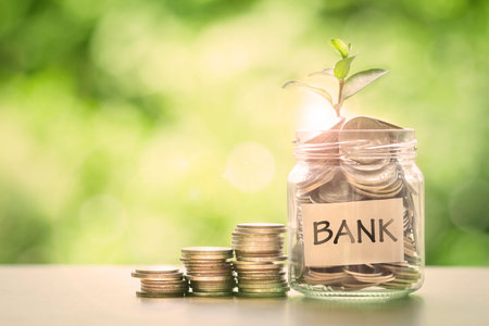 Plant growing  in Coins glass jar with bank paper label for money saving and investment financial...