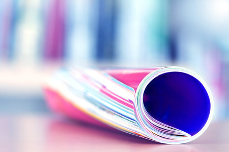 Close up edge of colorful magazine stacking roll with  blurry bookshelf background for publication and publishing concept , extremely shallow DOFの写真素材