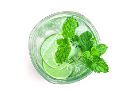 Overhead or top view shot of the fresh cool infused water of lime and mint or mojito cocktail look on white backgroundの写真素材