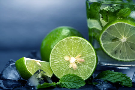 Close up fresh mojito cocktail with fresh lime and mint leaf on black stone background