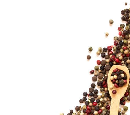 Close up mixed type of peppercorns  on white background , top view or overhead shotの写真素材