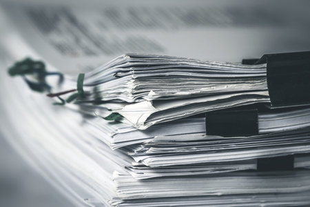 extreamly close up  stacking of office working document with paper clip folder, vintage color tone