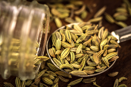 close up the fennel seed in  spoon on brown wooden tableの写真素材