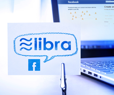 Bangkok Thailand, 08 - July 2019 : Libra coin cryptocurrency and blockchain, New digital currency by facebook conceptのeditorial素材