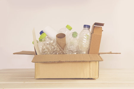 sorting  plastic bottle and paper garbage waste to proper recycling box , recycle or reuse to take...