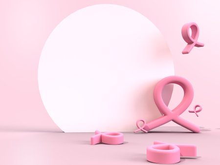 Sweet pink ribbon shape with backdrop for text on light pink background  for Breast Cancer Awareness symbol to promote  in October month campaign , 3d renderingの写真素材