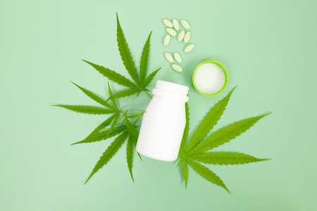 Marijuana leaf with  drug capsule on light green background , Medical drug using of marijuana cannabis plant product conceptの写真素材