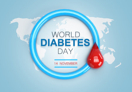 Blue circle symbolic of Diabetes awareness with red drop of blood on world map background for poster and banner for World Diabetes Day concept, 3d renderingの写真素材