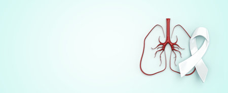 white ribbon and red Lung line shape on light blue background, Banner for Lung Cancer Awareness Month or World Lung Cancer Day concept, 3d renderingの写真素材