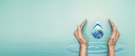 Hand hold world in clean water drop on and fresh blue water ripples design, Environment save and ecology theme and world water day conceptの写真素材