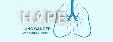 Hope word with white ribbon and Lung line shape on light blue background, Banner for Lung Cancer Awareness Month or World Lung Cancer Day concept, 3d renderingの写真素材