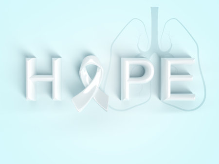 Hope word with white ribbon on light blue background, Banner for Lung Cancer Awareness Month or World Lung Cancer Day concept, 3d renderingの写真素材