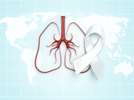 white ribbon and Lung line shape on light blue world map background, Banner for Lung Cancer Awareness Month or World Lung Cancer Day concept, 3d renderingの写真素材