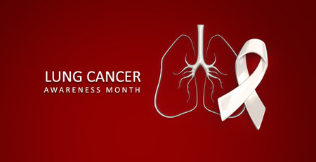 white ribbon and Lung line shape on red background, Banner for Lung Cancer Awareness Month or World Lung Cancer Day concept, 3d renderingの写真素材