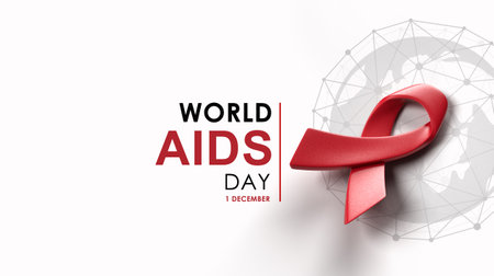 3d red ribbon on world map background with text, campaign for World AIDS Day on 1 December, 3d renderingの写真素材