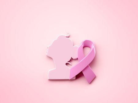 Pink ribbon and women symbol for Breast Cancer Awareness symbolic on pink background, protect and monitor breast cancer promote in October month campaign concept, 3d renderingの写真素材