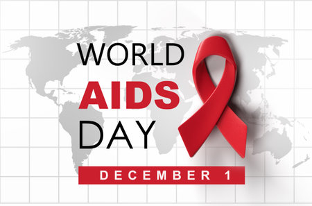 3d red ribbon on world map background with text, campaign for World AIDS Day on 1 December, 3d renderingの写真素材