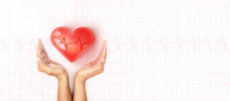 Hand hold 3d transparent heart shape with cardiogram, heart disease awareness campaign, cardiovascular health, Stroke Prevention, hypertension (high blood pressure) for heart disease conceptの写真素材