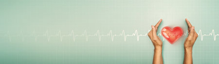 Hand hold 3d transparent heart shape with cardiogram, heart disease awareness campaign, cardiovascular health, Stroke Prevention, hypertension (high blood pressure) for heart disease conceptの写真素材