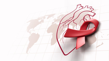 red awareness ribbon with line heart organ, heart disease awareness campaign, cardiovascular health, Stroke Prevention, hypertension (high blood pressure) for heart disease conceptの写真素材