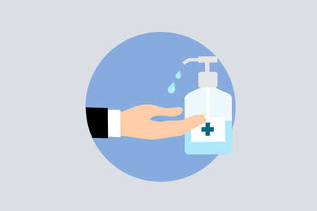 men's hand rubbing,medical hand gel sanitizer bottle on blue background,concept of washing hands to prevent viruses and germs in hot issue is virus spreading all the worldの写真素材