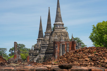 view to Wat Phra Si Sanphet temple in Ayutthaya historical park and temple bricks wall ruins...